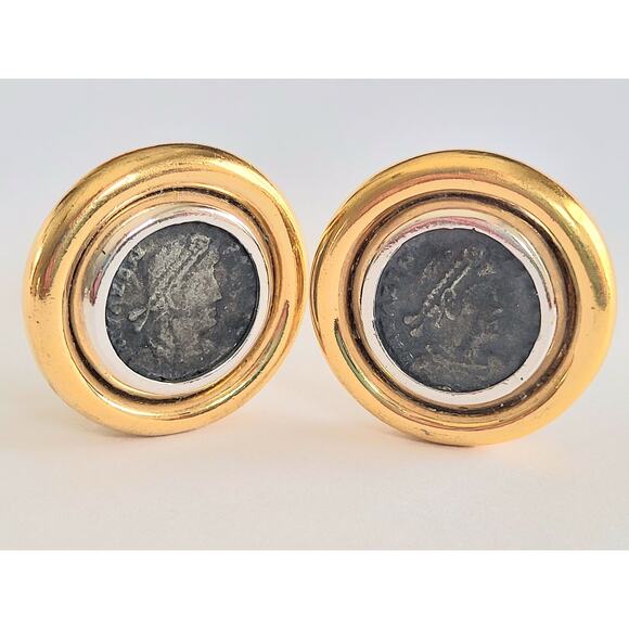Vintage Ciner Greek Roman Coin Silver Gold Earrings Clip-On Signed Etruscan - Picture 1 of 6